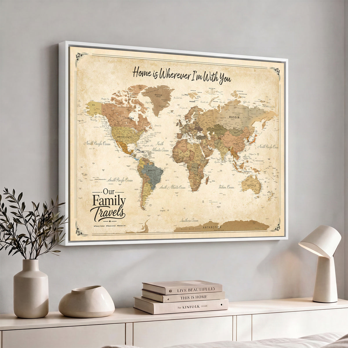 94272126-MGV-CV-36X24 - Our Family Adventures Push Pin World Map Wall Art Canvas Print - Family Travel Tracker Map with Pins
