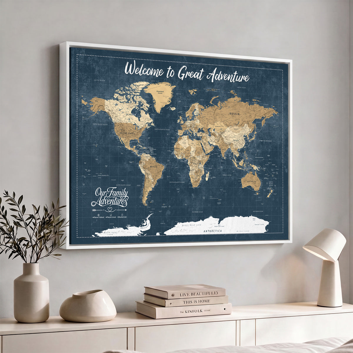 86877844-MGV-CV-36X24 - Our Family Adventures Push Pin World Map Wall Art Canvas Print - Family Travel Tracker Map with Pins