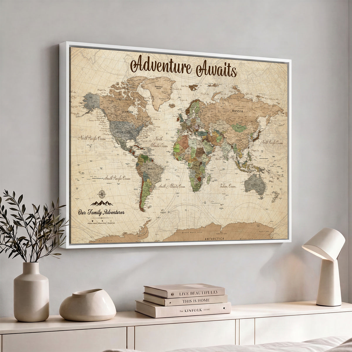 12264959-MGV-CV-36X24 - Our Family Adventures Push Pin World Map Wall Art Canvas Print - Family Travel Tracker Map with Pins