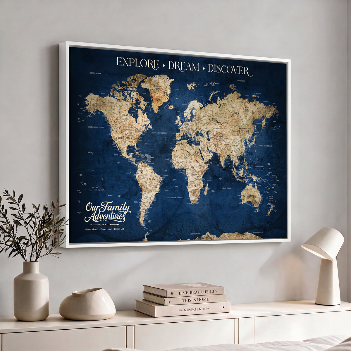 96125512-MGV-CV-36X24 - Our Family Adventures Push Pin World Map Wall Art Canvas Print - Family Travel Tracker Map with Pins