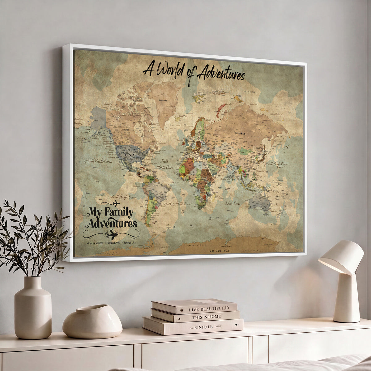 57377793-MGV-CV-36X24 - Our Family Adventures Push Pin World Map Wall Art Canvas Print - Family Travel Tracker Map with Pins
