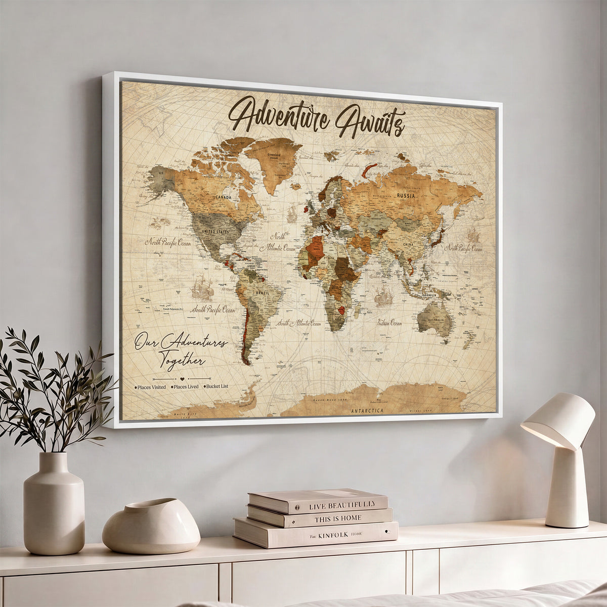 94237870-MGV-CV-36X24 - Our Family Adventures Push Pin World Map Wall Art Canvas Print - Family Travel Tracker Map with Pins