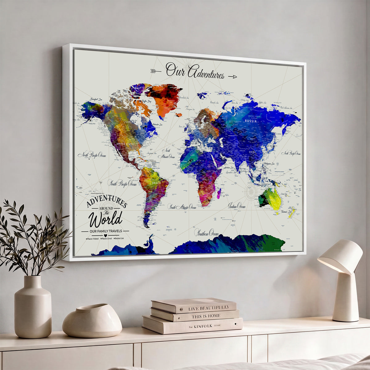 88162438-MGV-CV-36X24 - Our Family Adventures Push Pin World Map Wall Art Canvas Print – Family Travel Tracker Map with Pins