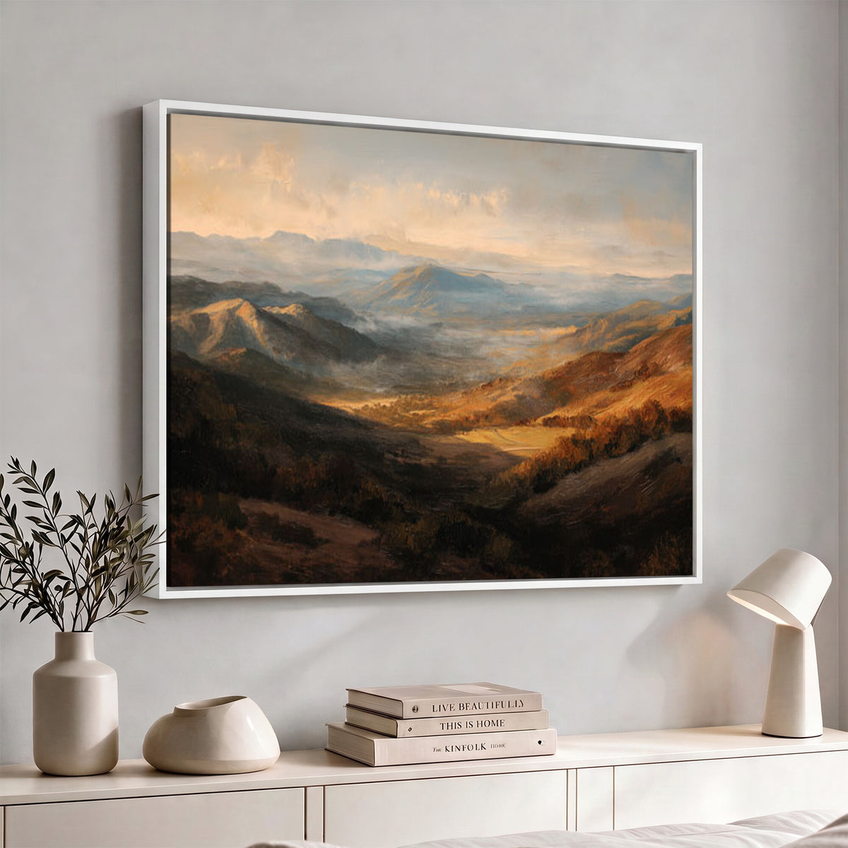 15116868-MGV-CV-36X24 - Vintage Mountain Landscape Wall Art Canvas Print – Snowy Peaks Rustic Valley Nature Painting