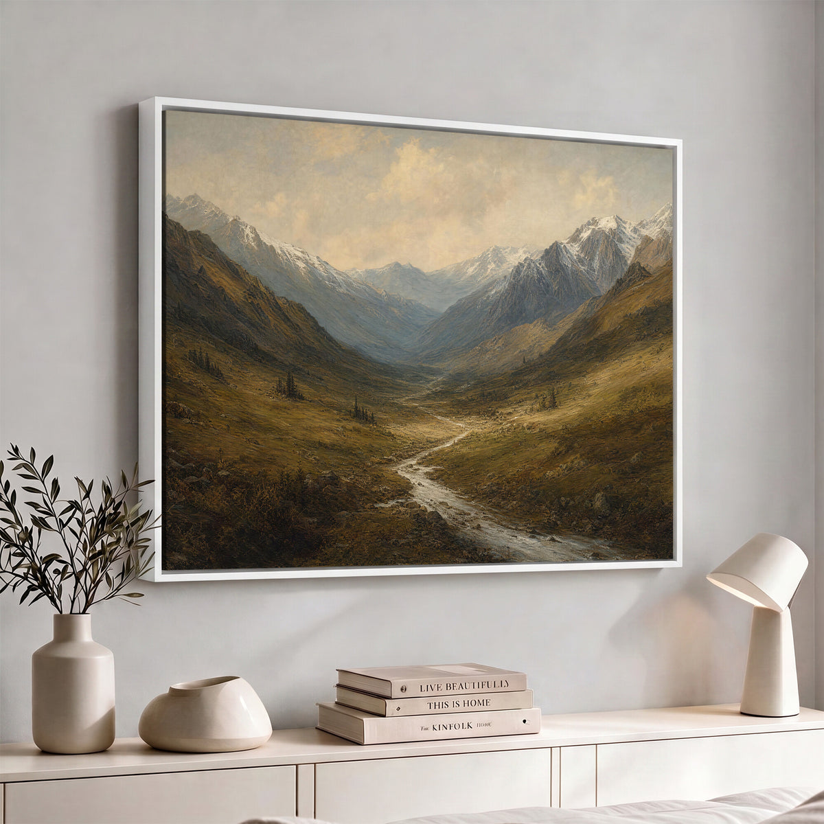 68944026-MGV-CV-36X24 - Vintage Mountain Landscape Wall Art Canvas Print – Snowy Peaks Rustic Valley Nature Painting
