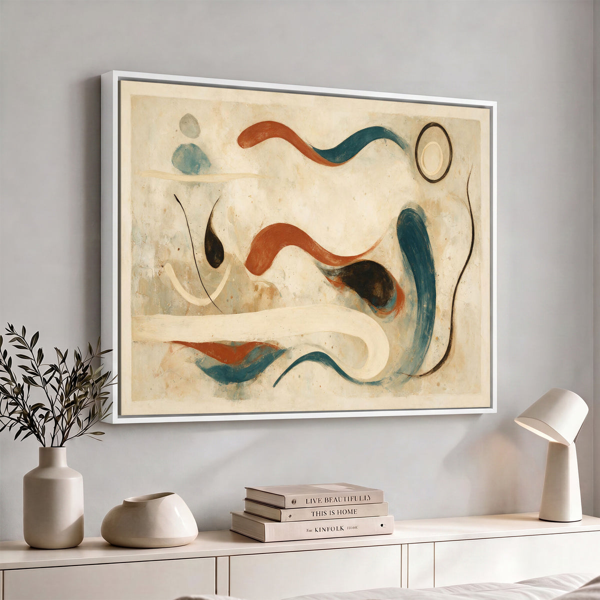 13675774-MGV-CV-36X24 - Mid Century Abstract Wall Art Canvas Print – Neutral Beige Teal Terracotta Modern Organic Shapes