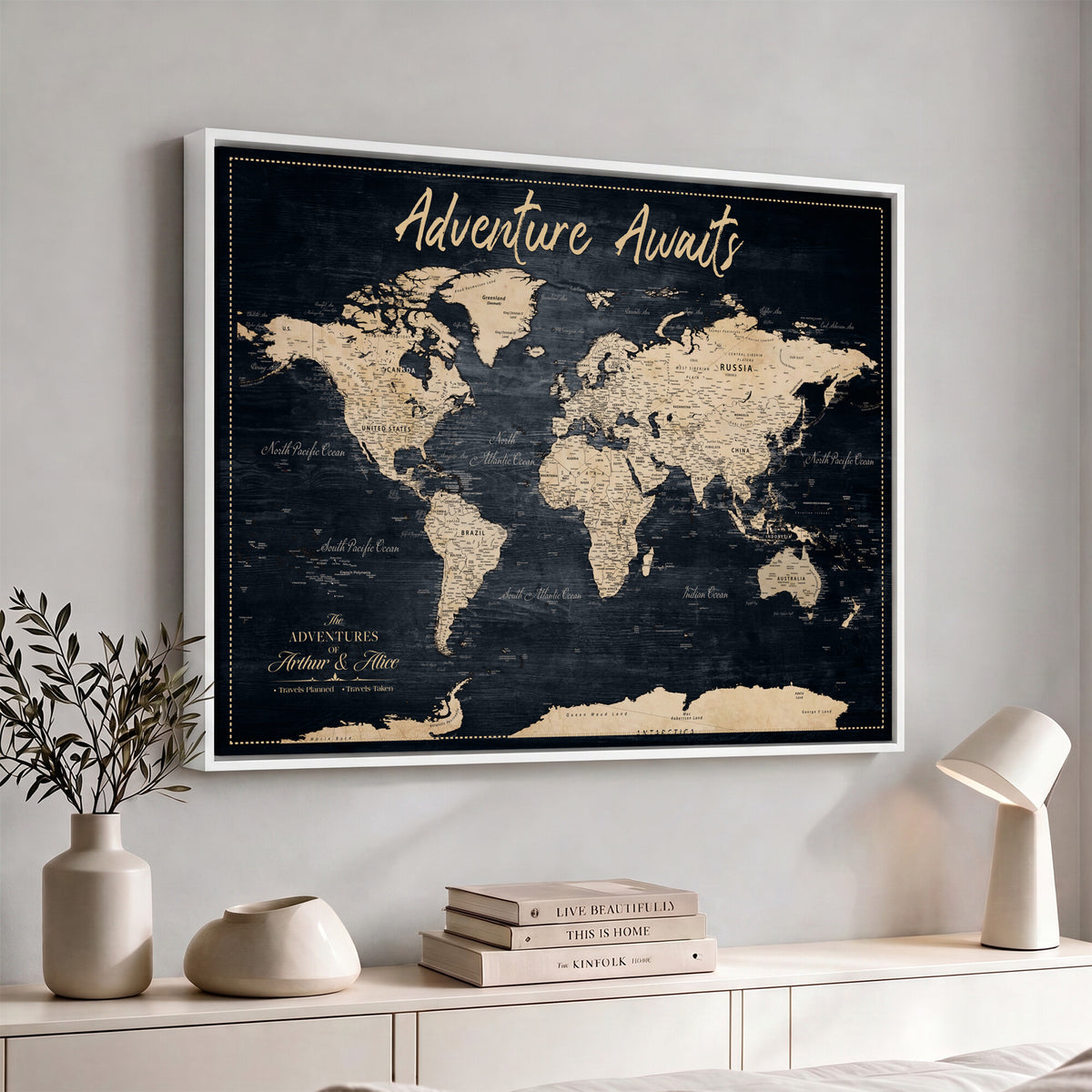 688173822-MGV-CV-36X24 - Extra Large Vintage Personalized Push Pin World Map Wall Art Canvas Print