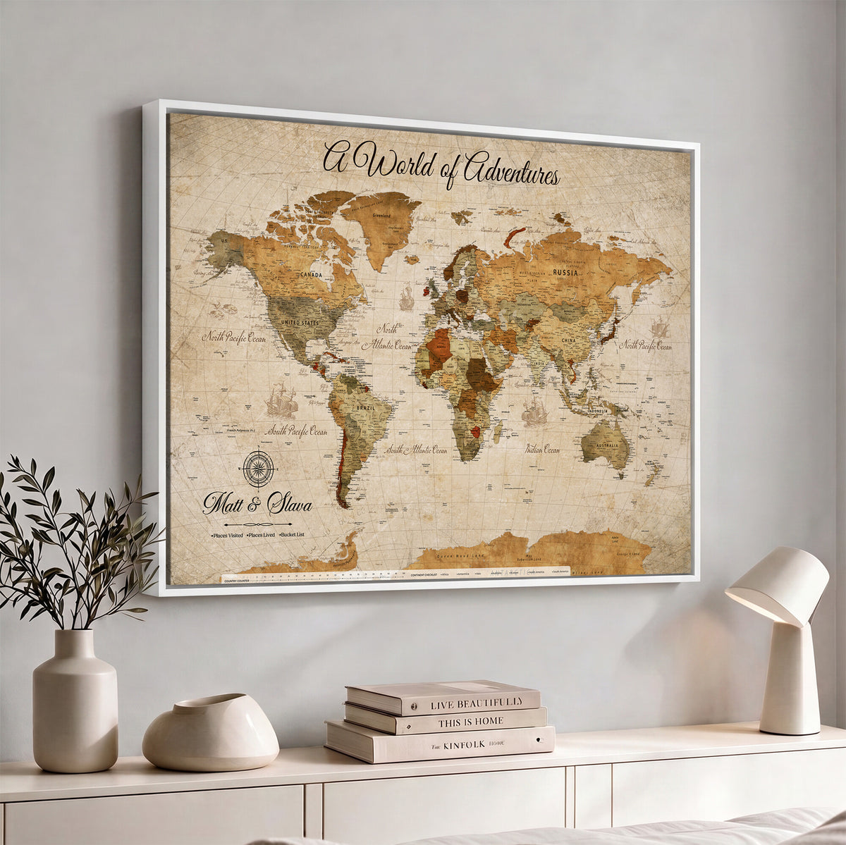 88768647-MGV-CV-36X24 - Extra Large Framed Personalize Push Pin World Map Wall Art Canvas Print for Travel Tracking