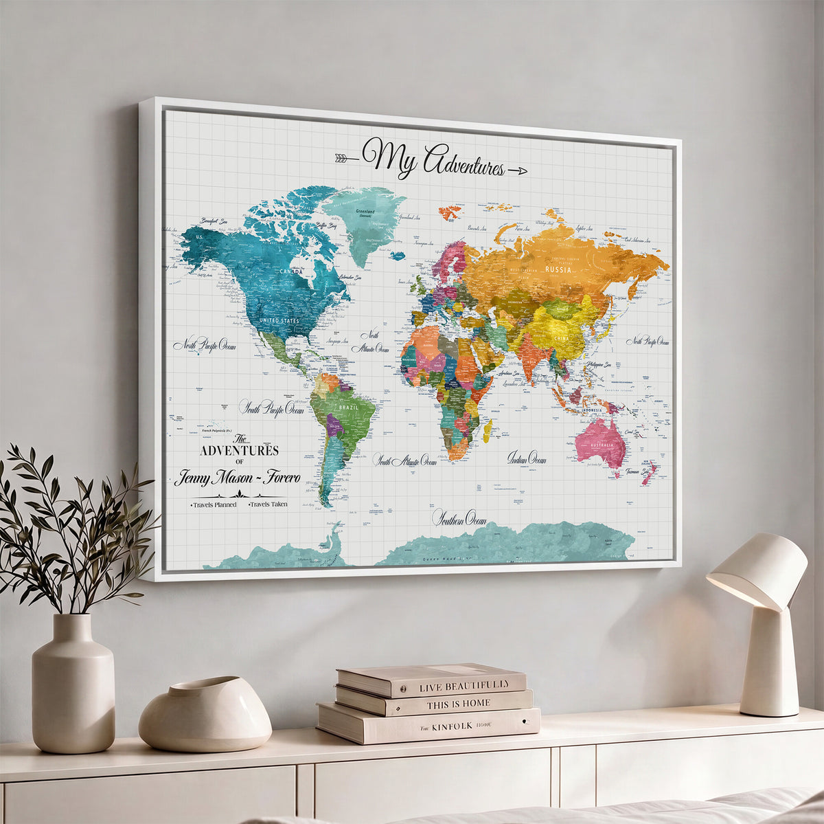 66743043-MGV-CV-36X24 - Extra Large Framed Personalize Push Pin World Map Wall Art Canvas Print for Travel Tracking