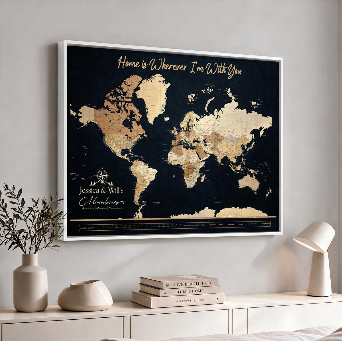 43430657-MGV-CV-36X24 - Extra Large Framed Personalize Push Pin World Map Wall Art Canvas Print for Travel Tracking