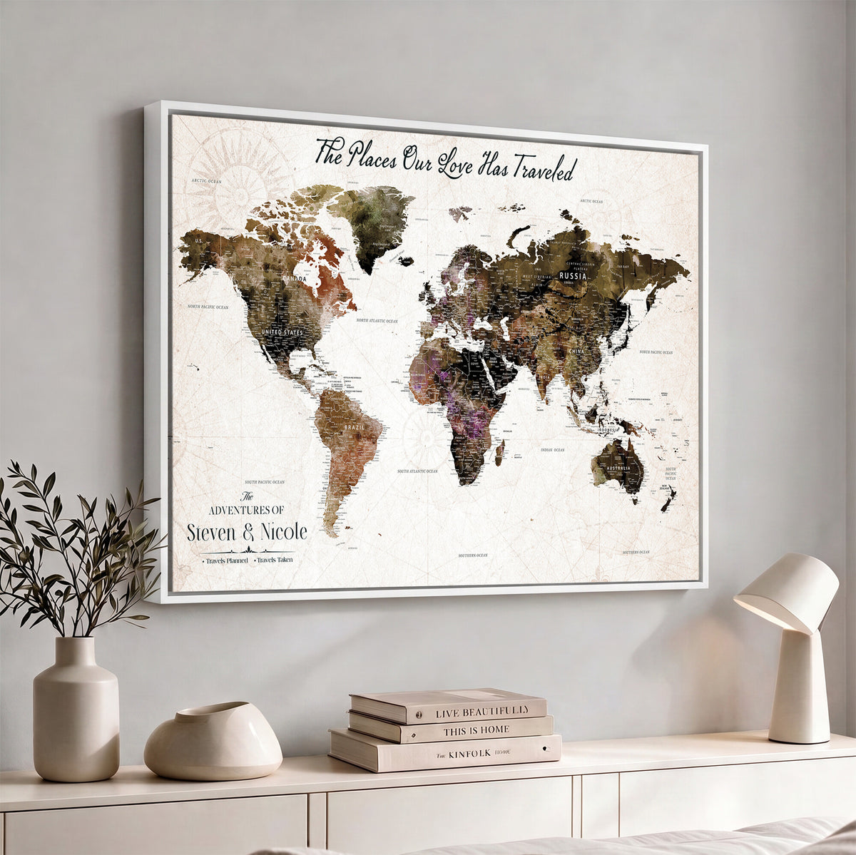 18074626D3D-MGV-CV-36X24 - Extra Large Framed Personalize Push Pin World Map Wall Art Canvas Print for Travel Tracking NEWMAP - 015