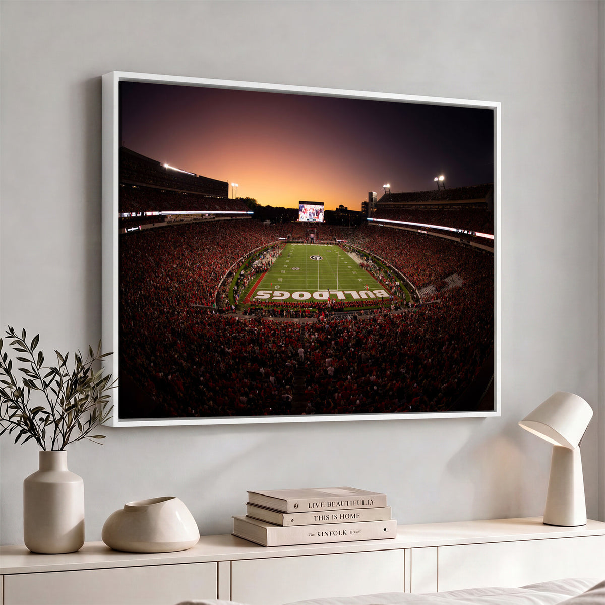 97720998-_Poster-30x20 - Georgia Bulldogs Stadium Sunset Canvas Print 3 Piece Framed Wall Art Extra Large Floating Frame Sports Poster Made in USA