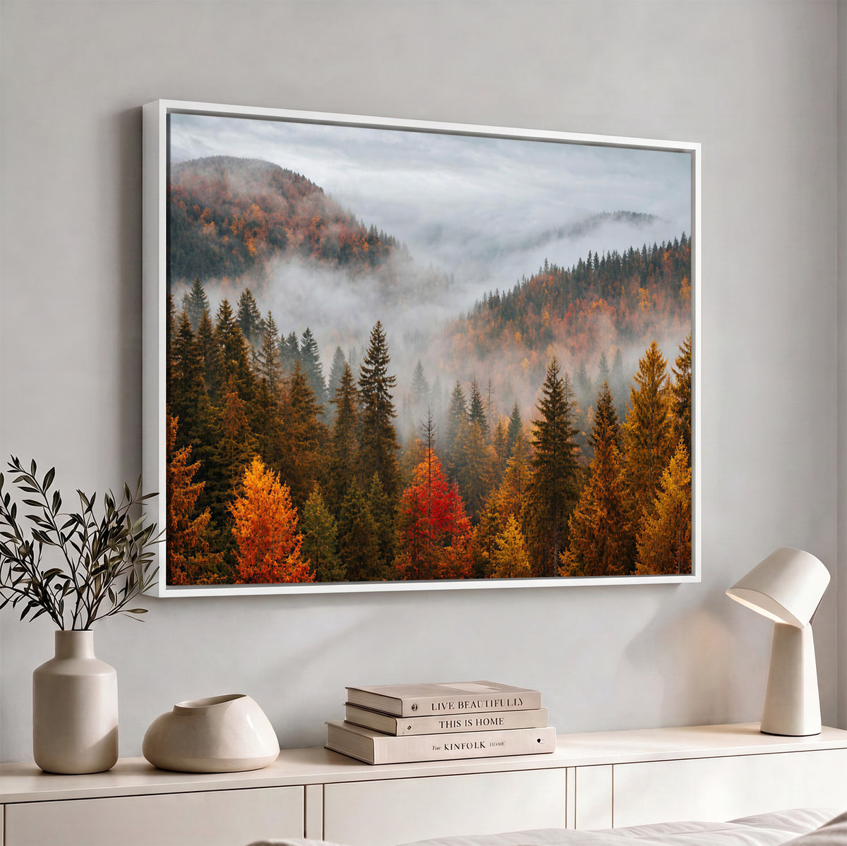 87481341-_Poster-30x20 - Foggy Autumn Mountain Canvas Print Smoky Pine Forest Wall Art Panoramic Nature Poster 3 Piece Made in USA