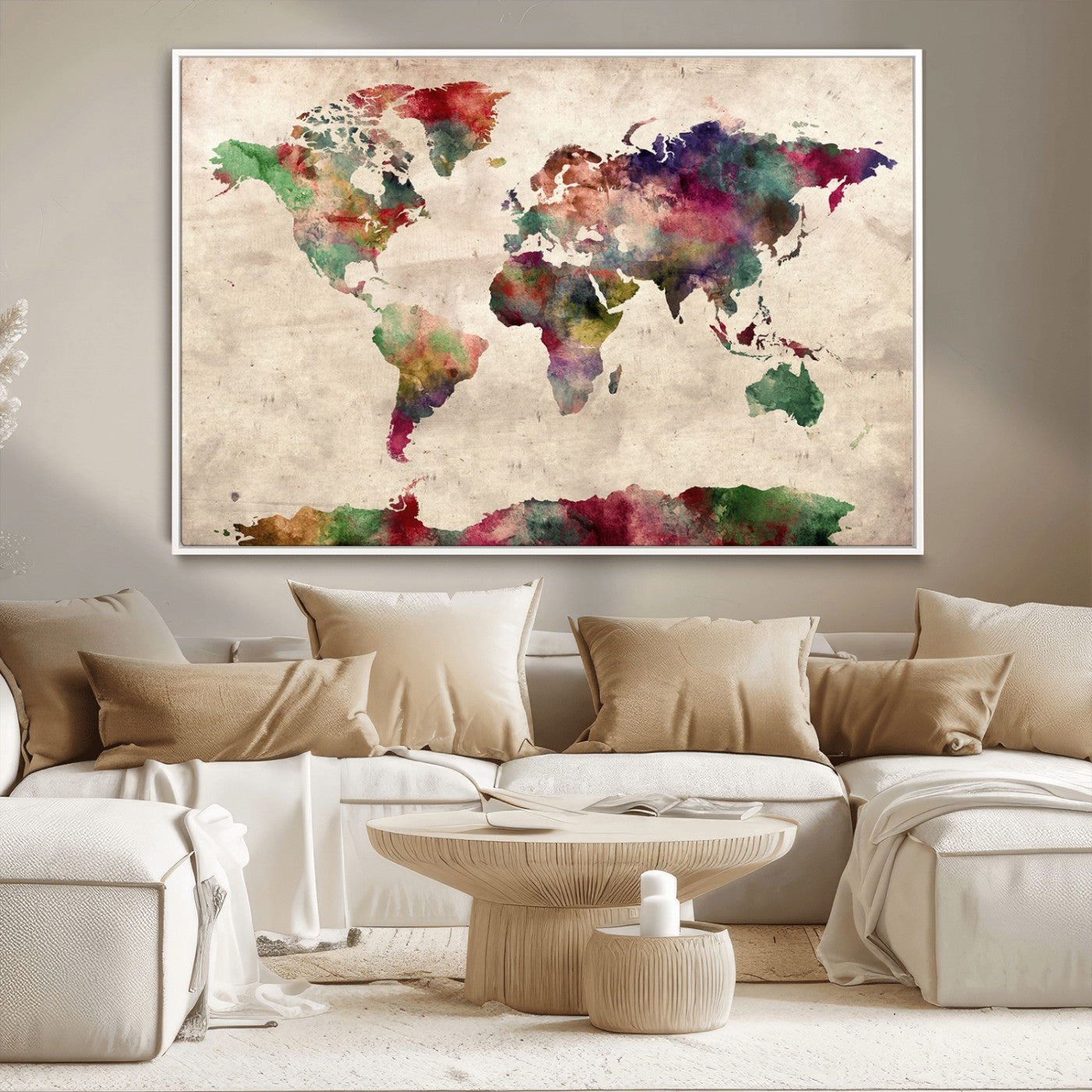 69476-MGV-CV-36X24-Watercolor World Map Canvas Print – Framed Push Pin Wall Art for Couples, Colorful Travel Map Artwork for Elegant Home and Office Decor