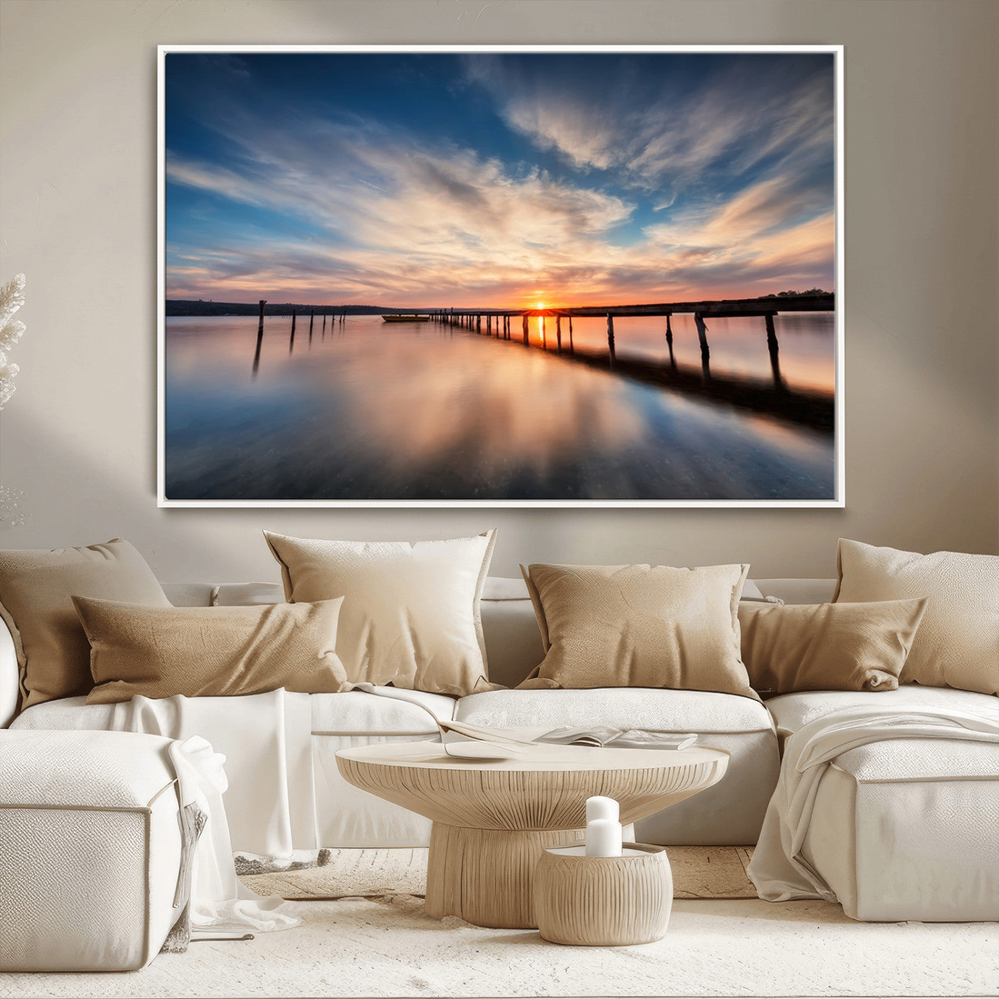 39967-MGV-CV-36X24-Wooden Pier on Seascape and Sunset Wall Art Canvas Print