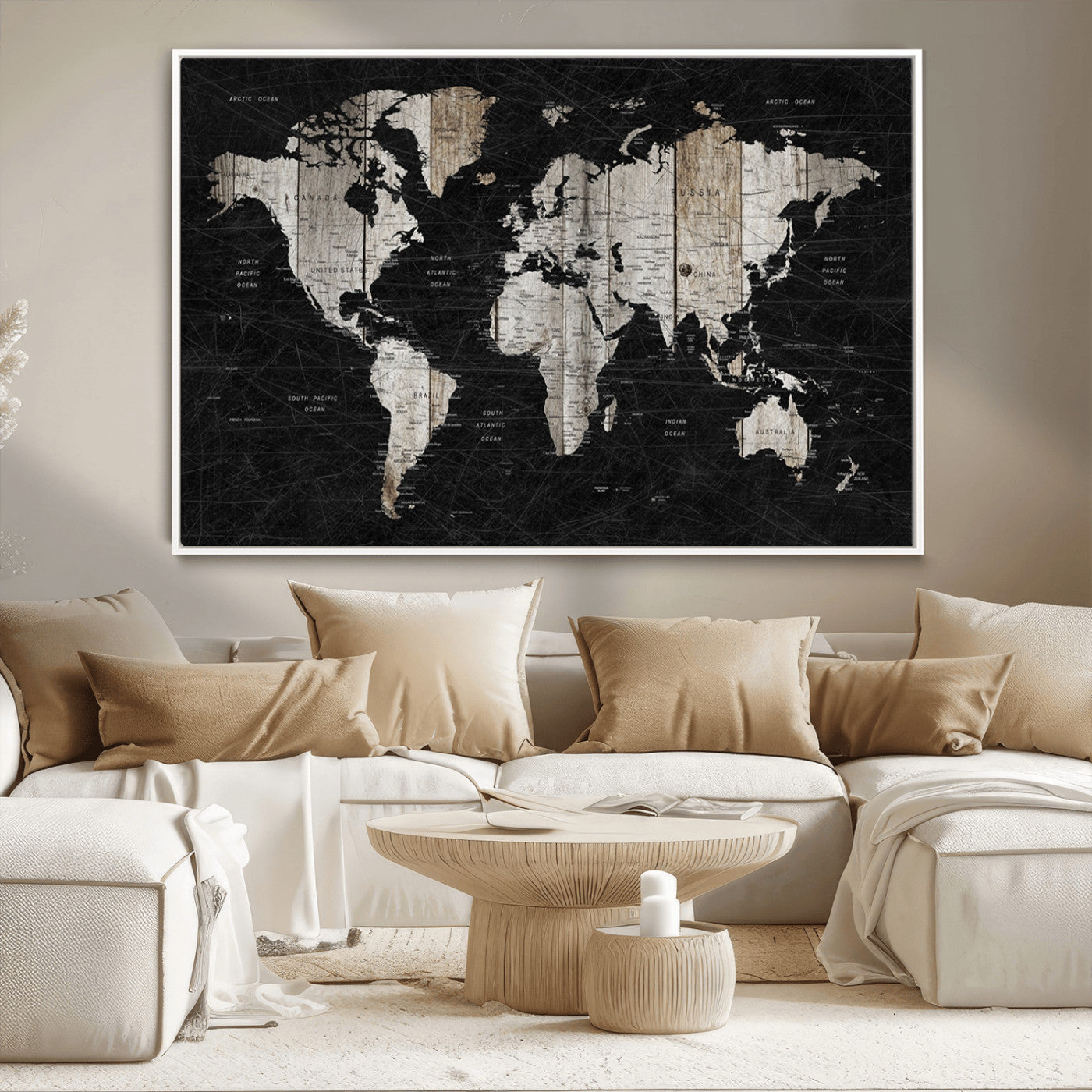 89998-MGV-CV-36X24-Rustic Black and Wood World Map Canvas Wall Art – Framed Push Pin Travel Map for Home and Office Decor, Modern Vintage Wall Artwork