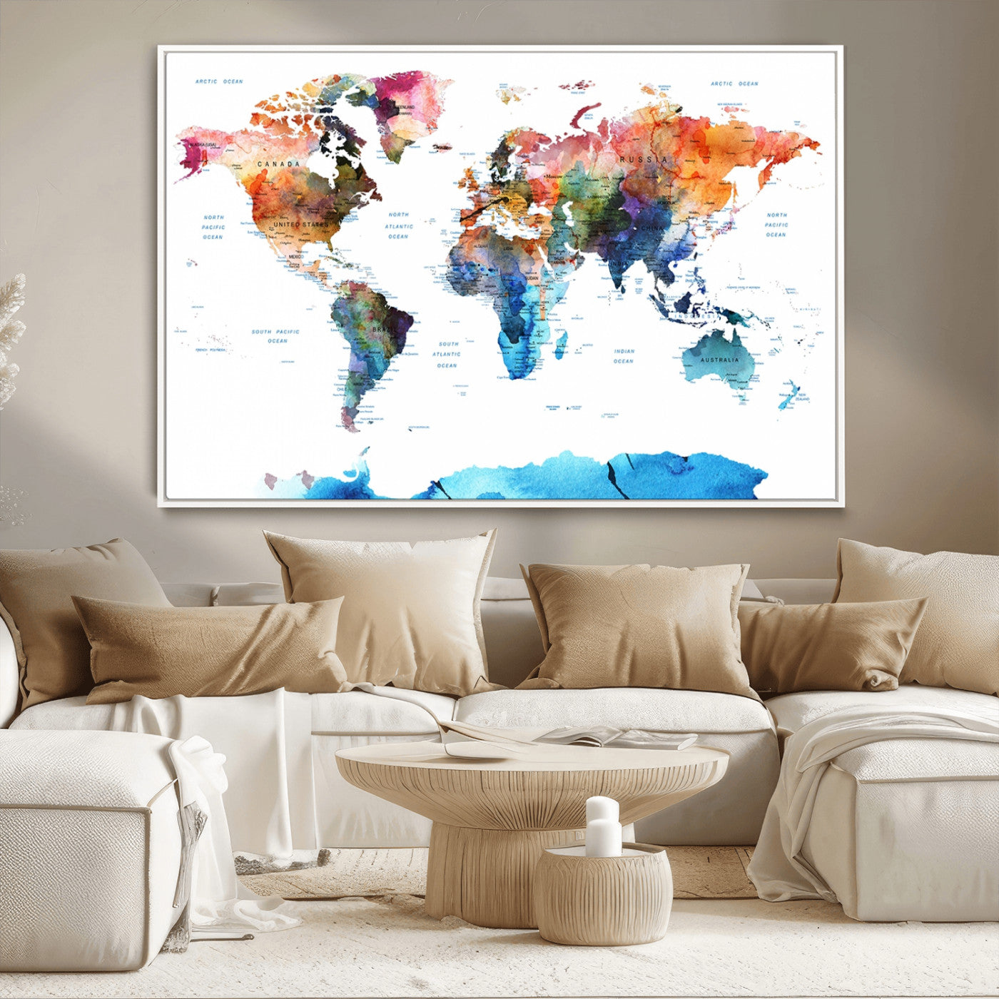 11576-MGV-CV-36X24-Vibrant Watercolor World Map Canvas Wall Art – Framed Push Pin Travel Map for Home and Office Decor, Modern Colorful Wall Artwork