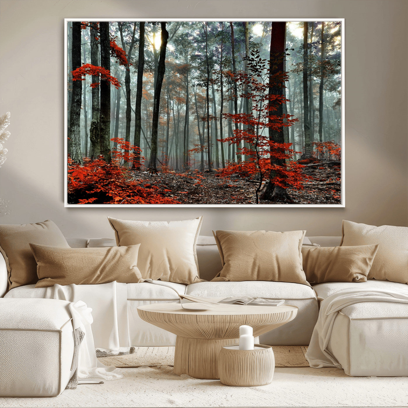 59209-MGV-CV-36X24-Autumn Forest Wall Art – Enchanting Red Leaves Canvas Print, Nature Inspired Fall Landscape Decor for Living Room or Bedroom