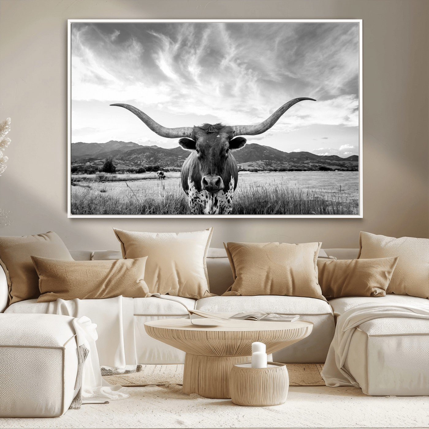 79527-MGV-CV-36X24-Longhorn Black and White Wall Art – Rustic Western Bull Canvas Print, Farmhouse Country Decor for Living Room, Office or Ranch, Cowboy Wall Artwork