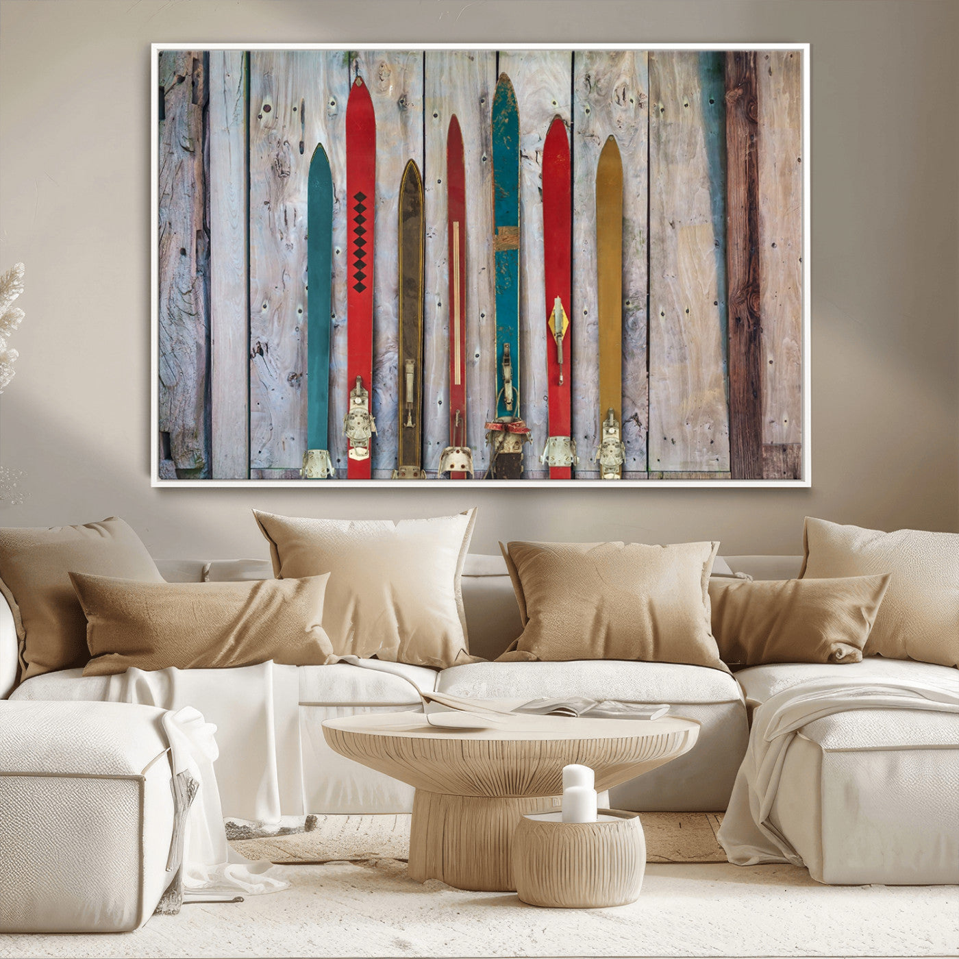 -Vintage Wooden Weathered Ski's in Front of an Old Barn Wall Art Canvas Print for Farmhouse, Cabin