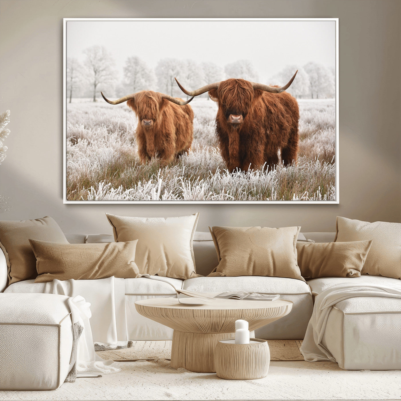 -Longhorn Cattle Wall Art Canvas Print, Framed Farmhouse Style Art Picture Print, Rustic Cow Perfect Rustic Farmhouse Decor Artwork
