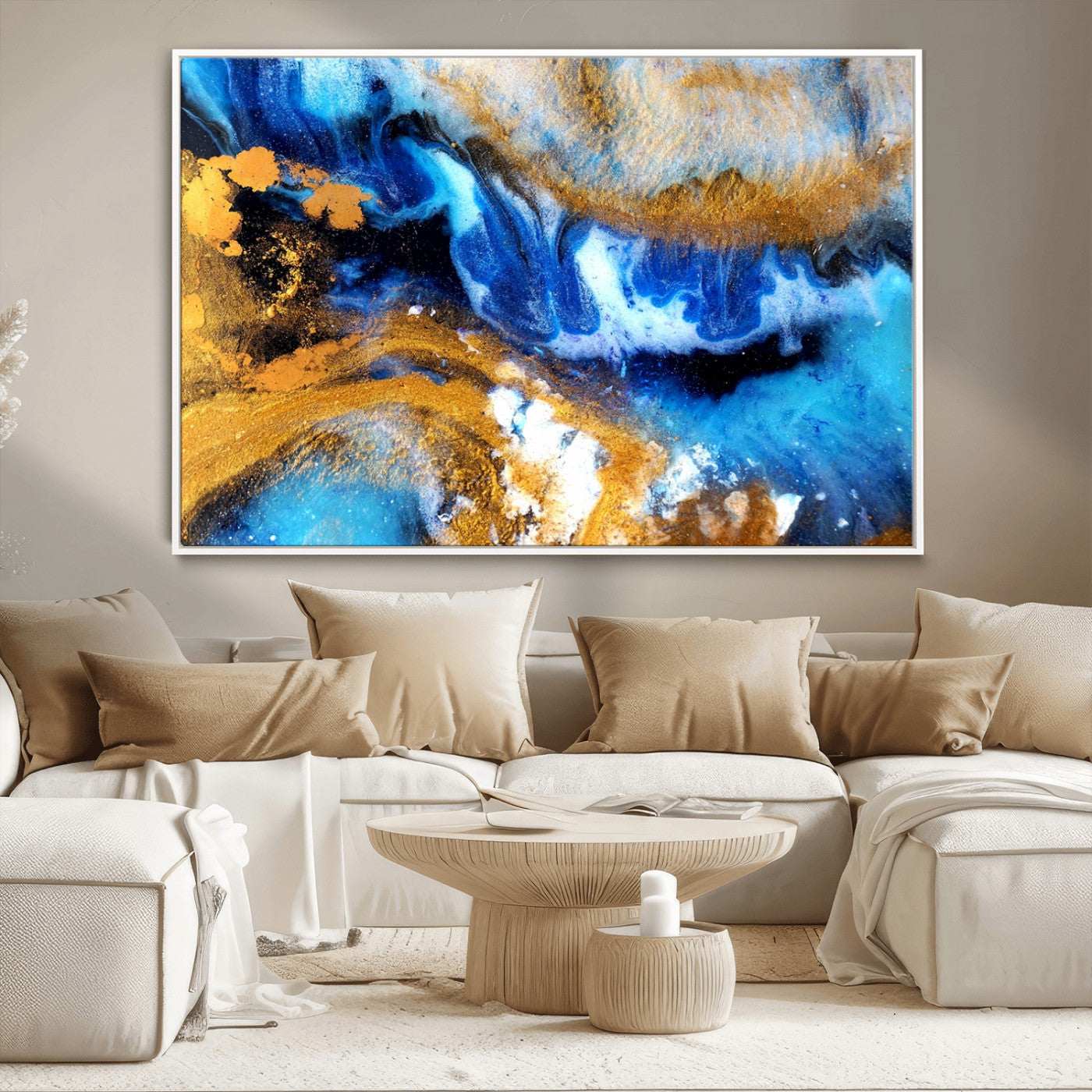 42100-MGV-CV-36X24-Blue Orange Marble Fluid Effect Canvas Wall Art Print
