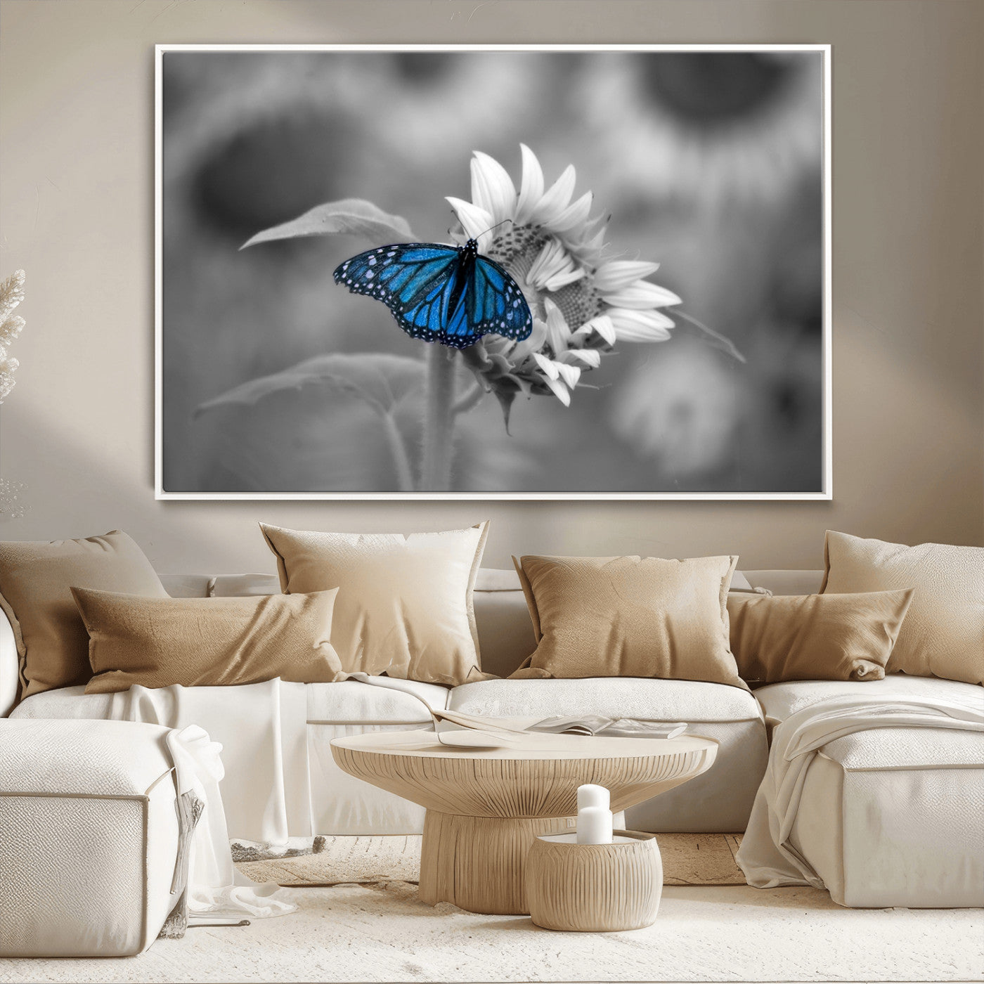 -Blue Butterfly Black and White Canvas Wall Art