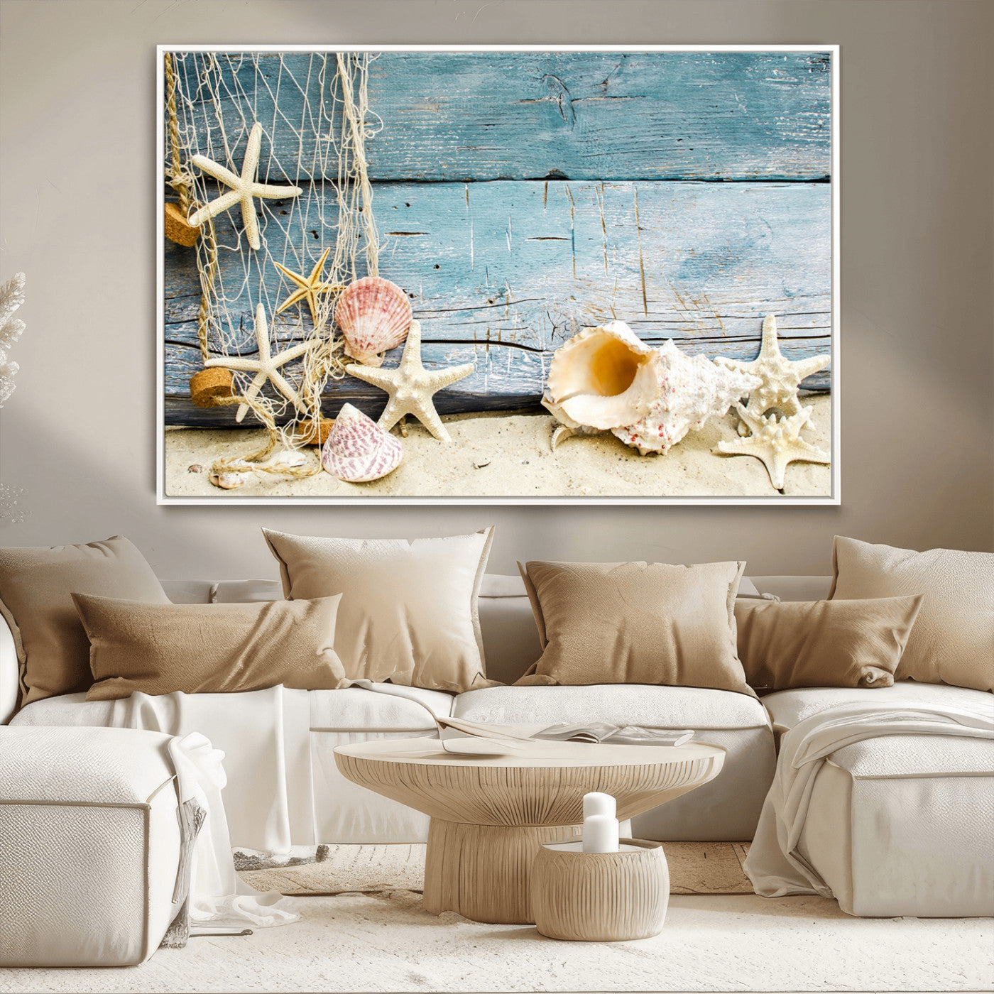 -Seashells on Rustic Wooden Background, Seashells Wall Art Canvas Print
