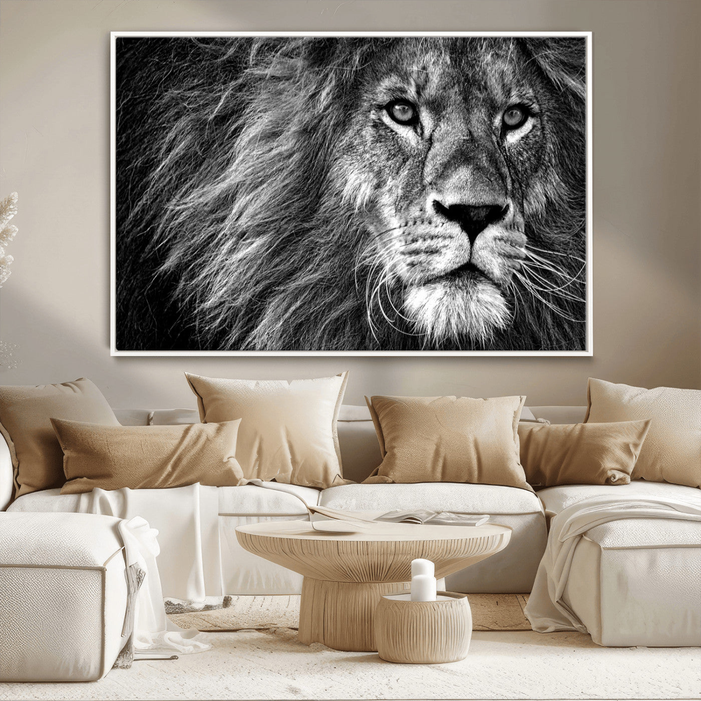 58363-MGV-FC-36X24_White-Black and White Lion Canvas Wall Art Print – Wildlife Portrait Artwork for Home, Office, Living Room, Guest Room