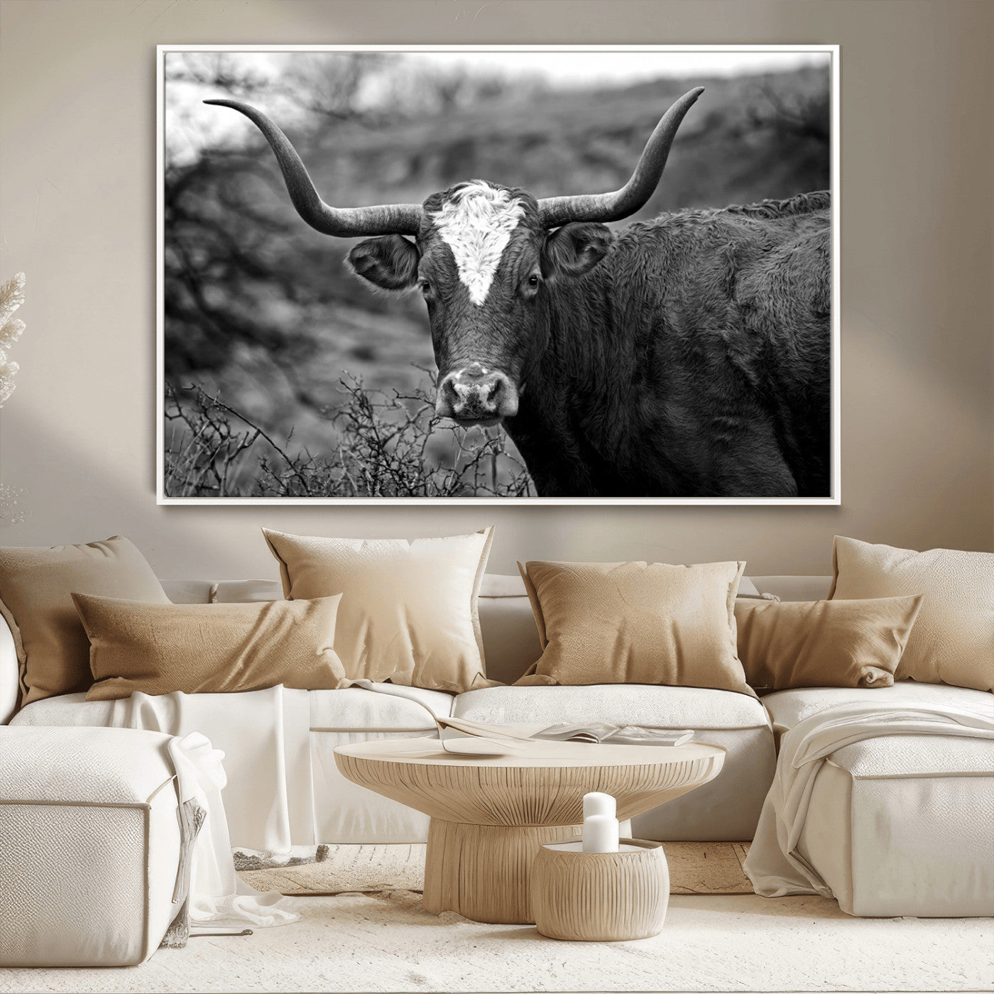 -Western Home Wall Art Canvas Print, Framed Texas Longhorn Art Picture Print, Rustic Cow Perfect Rustic Farmhouse Decor Artwork
