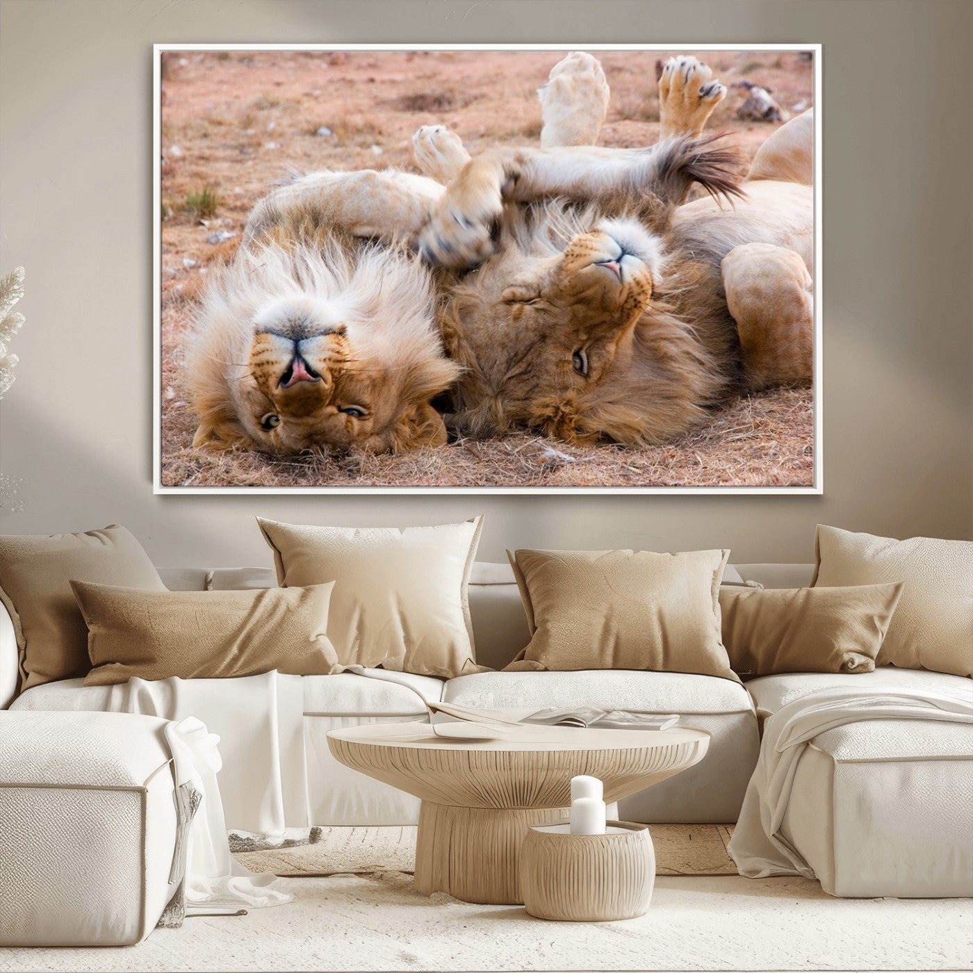 -Lion Pair Wall Art Canvas Print – Framed Wildlife Scene with Playful Lions Artwork for Home, Office, Living Room