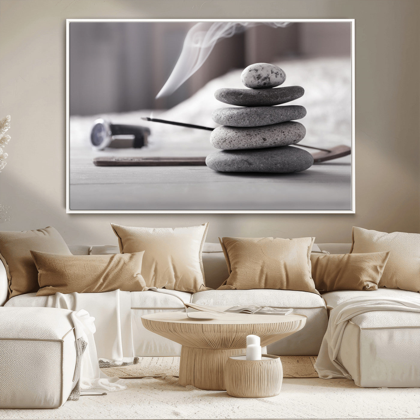-Burning Incense and Zen Stones Buddhism Wall Art, Zen Stones Wall Art Canvas Print