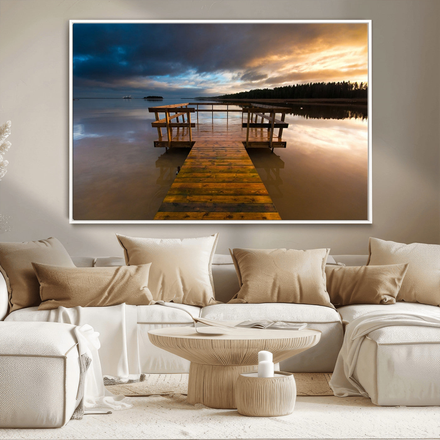 -Serene Lake Pier at Sunset Canvas Print | Landscape Canvas Print | Ready to Hang and Framed Wall Art