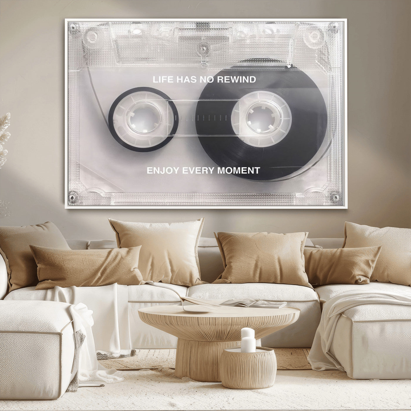 -Vintage Cassette Tape Canvas Wall Art - Inspirational 'Life Has No Rewind' Quote, Retro Music Decor