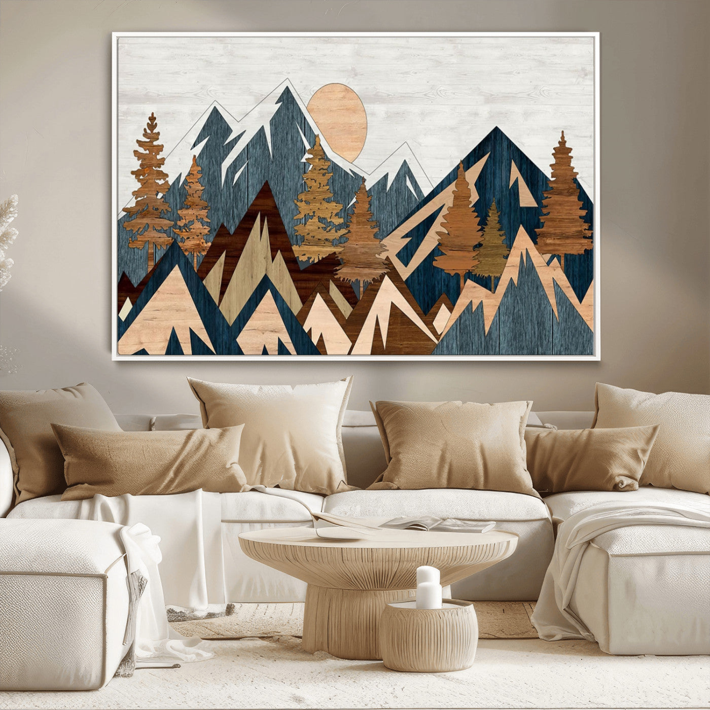 91467-MGV-CV-36X24-Abstract Wood Panel Effect Mountain Range Top Wall Art Canvas Print