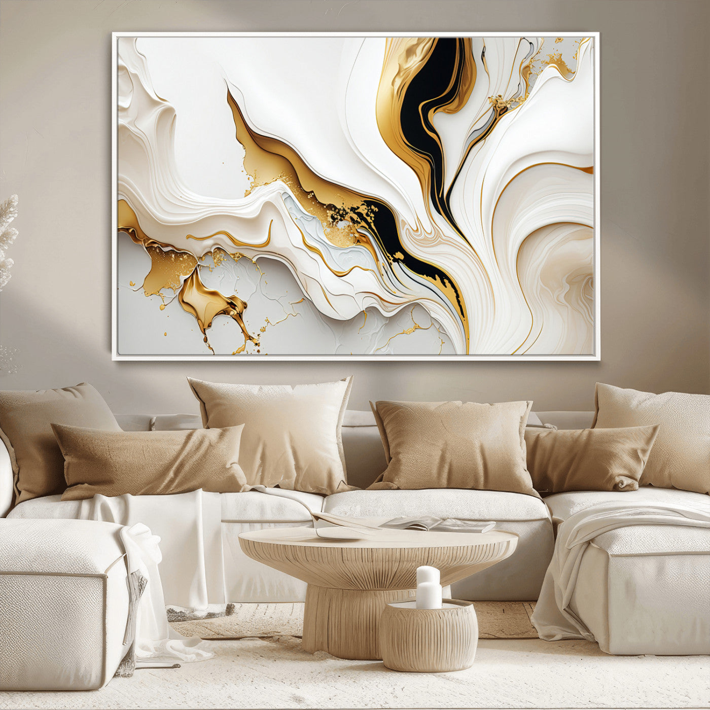 98637-MGV-FC-36X24_White-Gold Waves on Pure White Canvas – Gold Abstract Art for Modern Interiors | Wall Art Canvas, Framed &