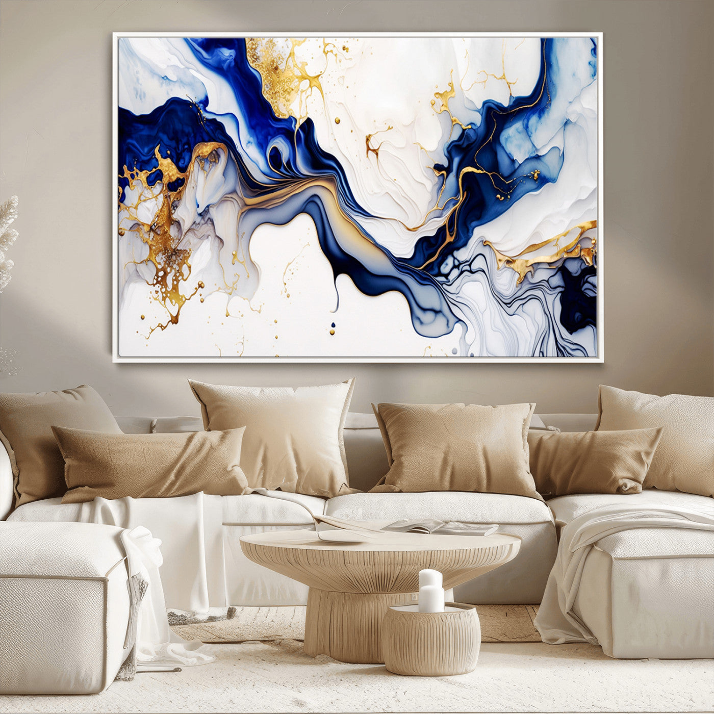 93392-MGV-CV-36X24-Golden Cascades on Midnight Blue – Deep Blue Abstract Wall Art Flowing Elegance | Wall Art Canvas,