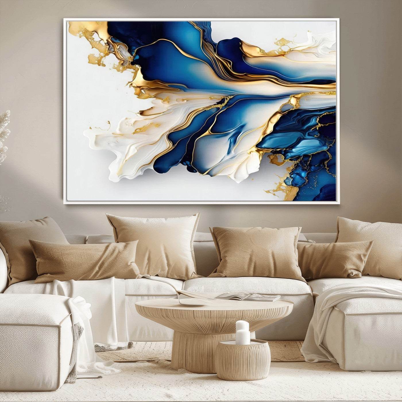 65693-MGV-CV-36X24-Gold Marble Art - Abstract Geode Gold And Blue Marble Shape 3 Pieces Wall Art Canvas Print
