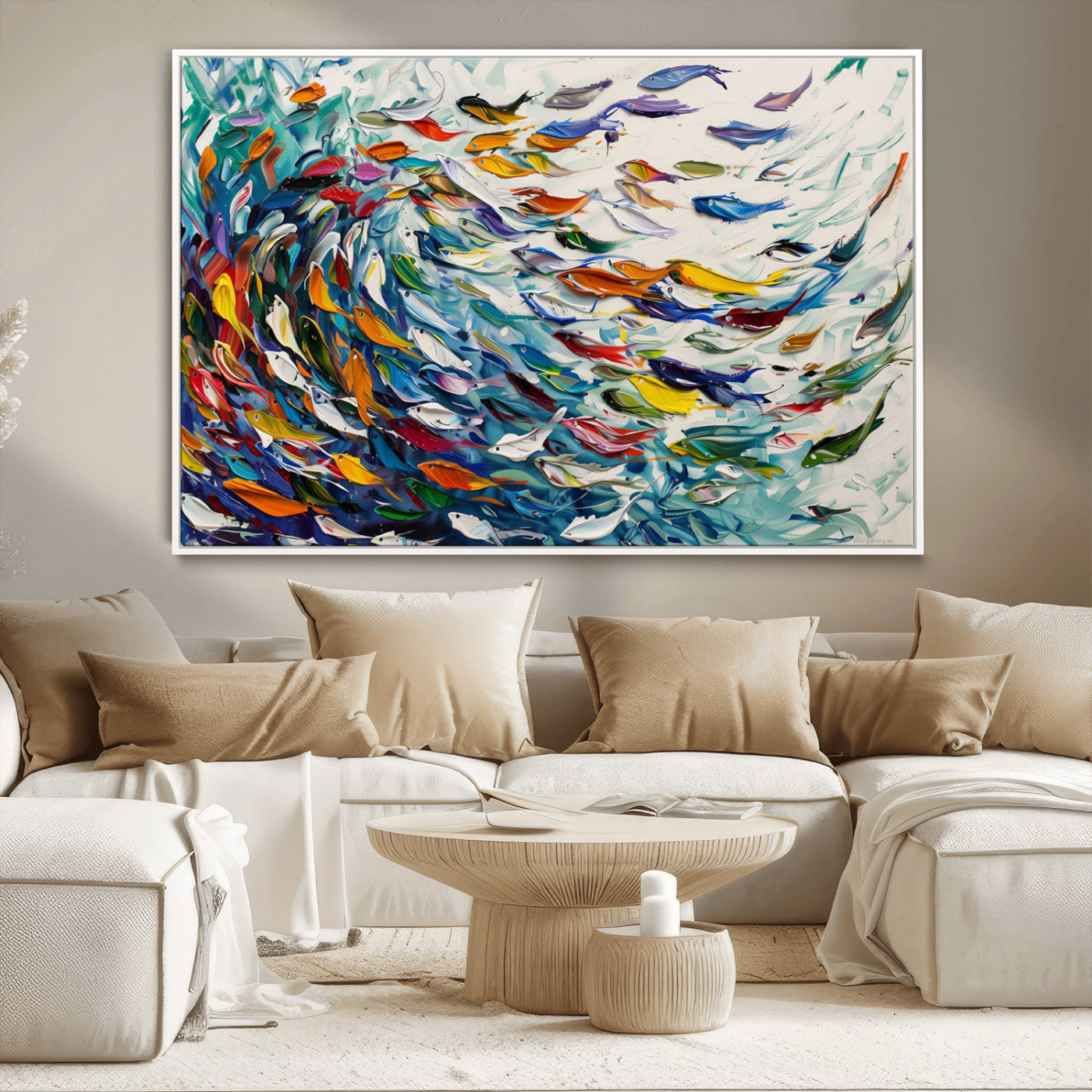 80105-MGV-CV-36X24-Modern Abstract Fish Shoal Wall Art Canvas Print, Colorful Fish Herd Painting on Canvas Print, Ocean