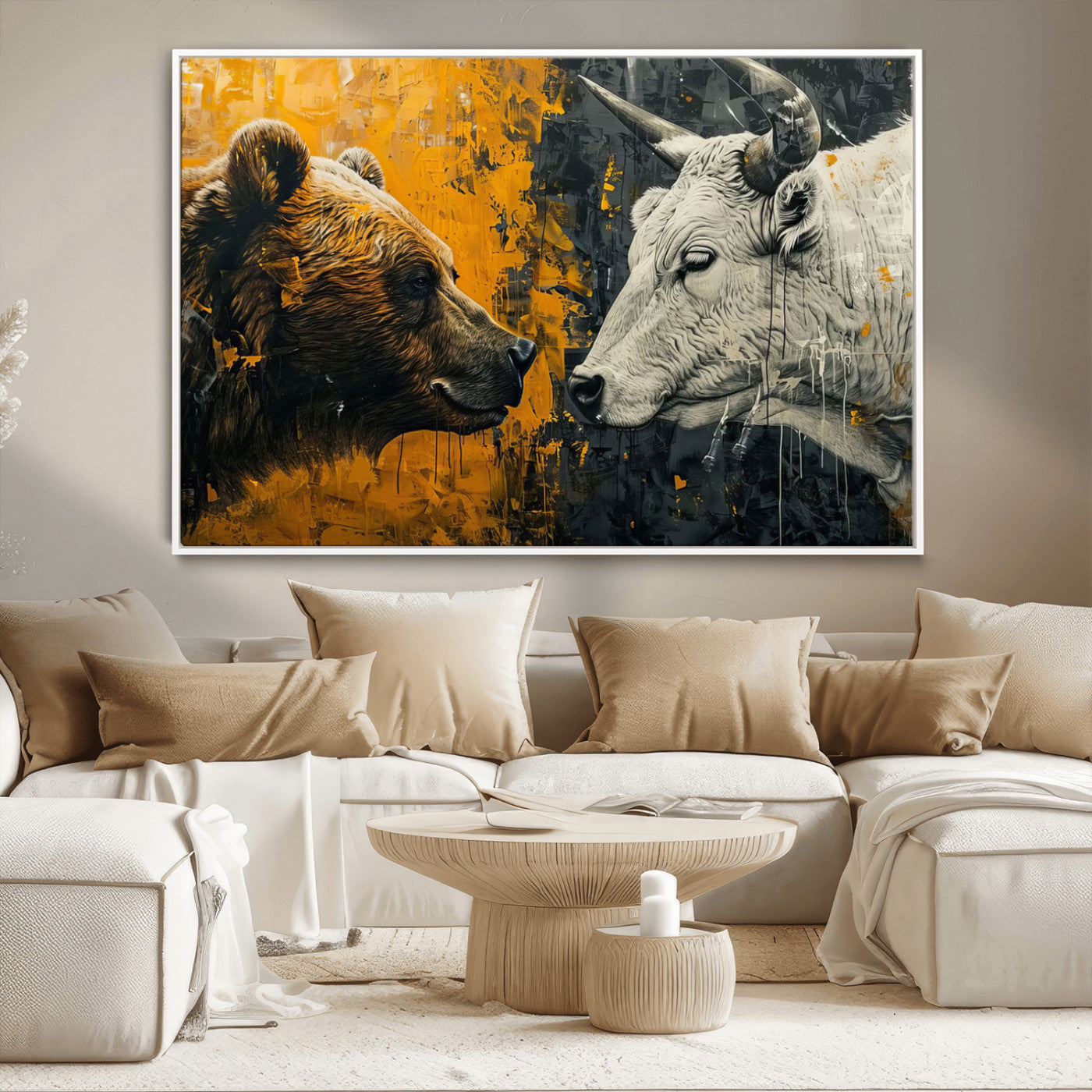 71185-MGV-CV-36X24-Bear and Bull Wall Art Canvas Print – Abstract Animal Portrait Painting for Modern Home Decor –