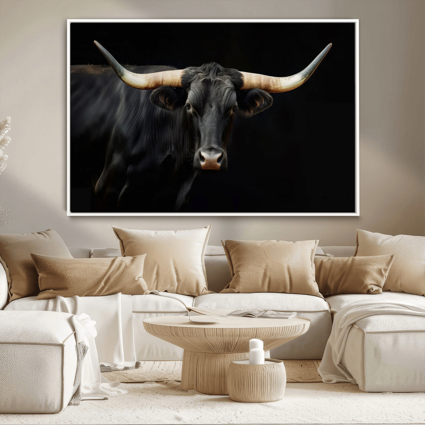 -Black Bull Wall Art – Majestic Longhorn Canvas Print with Dark Background, Rustic Western Farmhouse Decor for Living Room or Office