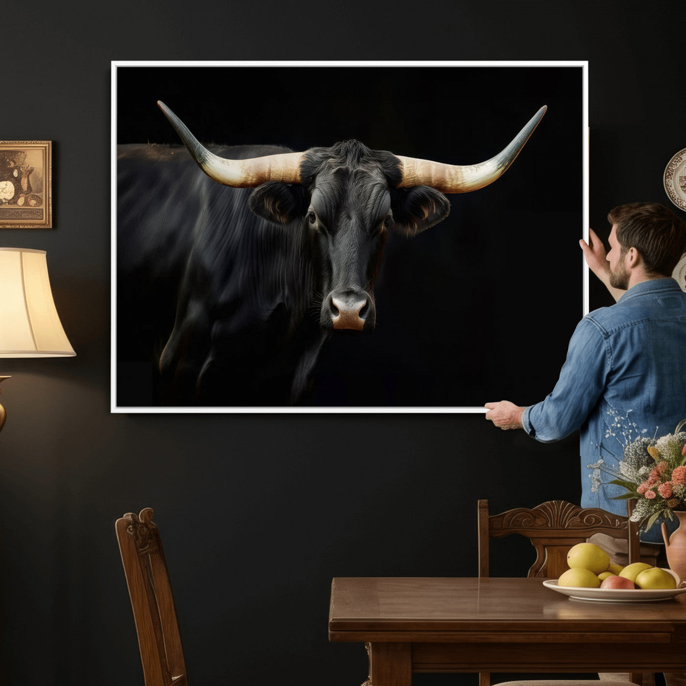 63798-MGV-CV-36X24 - Texas Longhorn Cow | Majestic Black Bull Wall Art Canvas Print - Farmhouse Animal Decor - Ready to