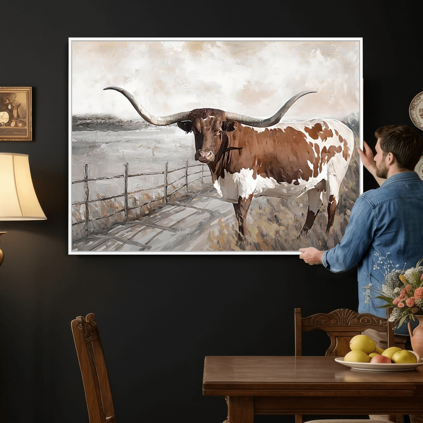 57340-MGV-CV-36X24 - Vintage Texas Cow Wall Art Canvas Print, Rustic Longhorn Wall Art | Canvas Print for Farmhouse Decor