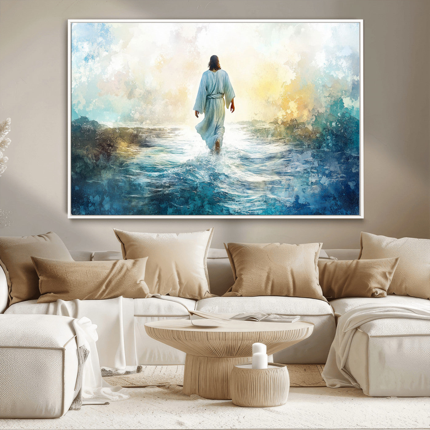 -Watercolor Jesus Walking on Water Canvas Print, Christian Wall Art, Jesus Christ Walking