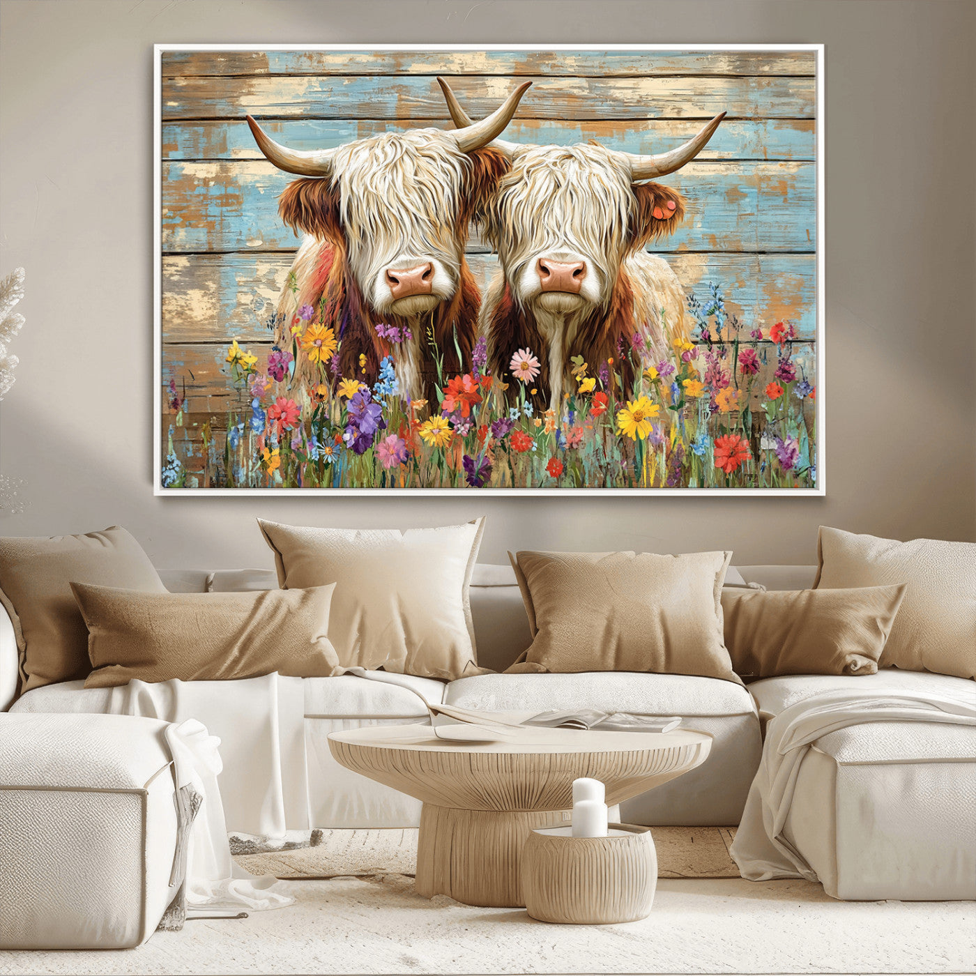 36972-MGV-CV-36X24 - Cute Highland Cow Canvas Wall Art - Rustic Farmhouse Decor with Colorful Flowers Perfect Wall Art
