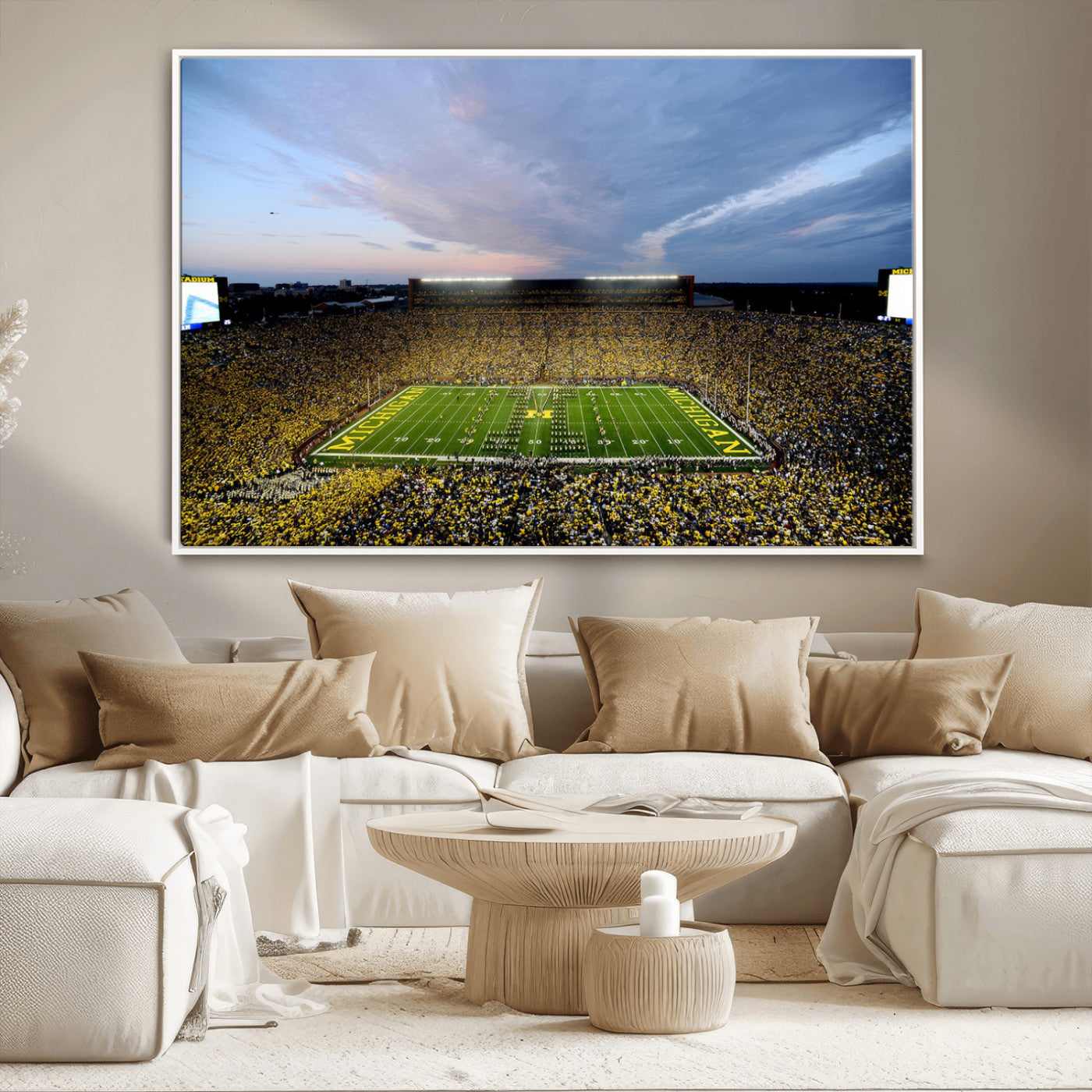 82641-MGV-CV-36X24-Michigan Stadium Wall Art Canvas Print – Framed Football Field Scene with Marching Band Artwork for Home, Office