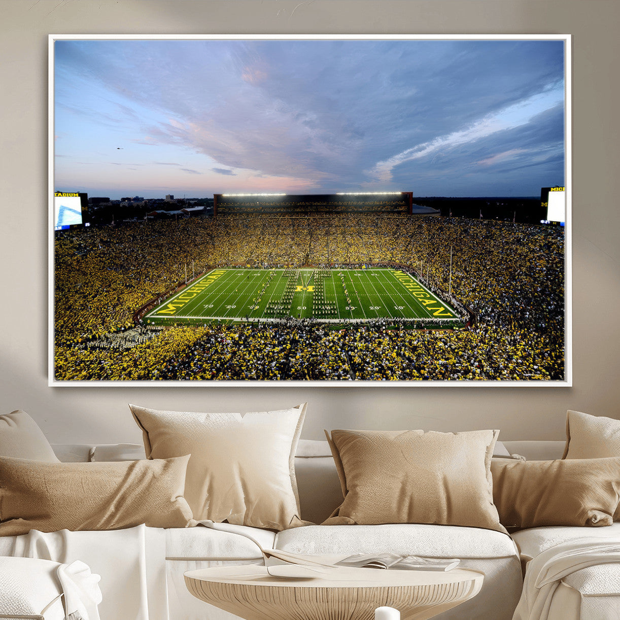82641-MGV-FC-36X24 - Michigan Stadium Wall Art Canvas Print, Vibrant Game Day Crowd and Sunset Sky Football Field Artwork for Home, Office