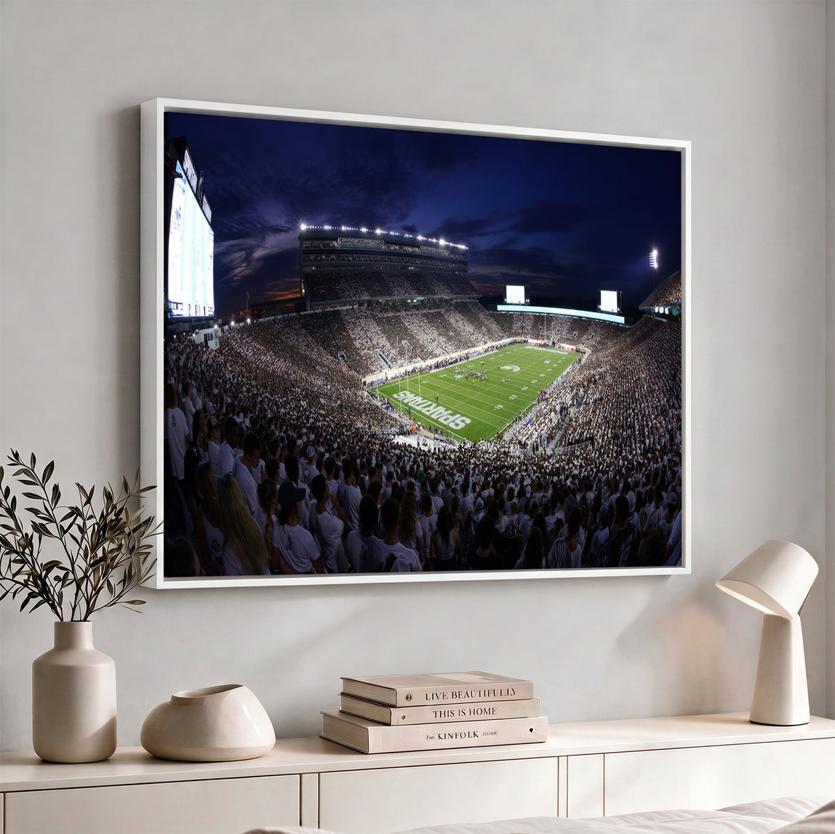 75193-PAN-FL-20X10 - Michigan State Spartans Canvas, Framed Football Team Print - East Lansing Spartan Stadium Wall Art