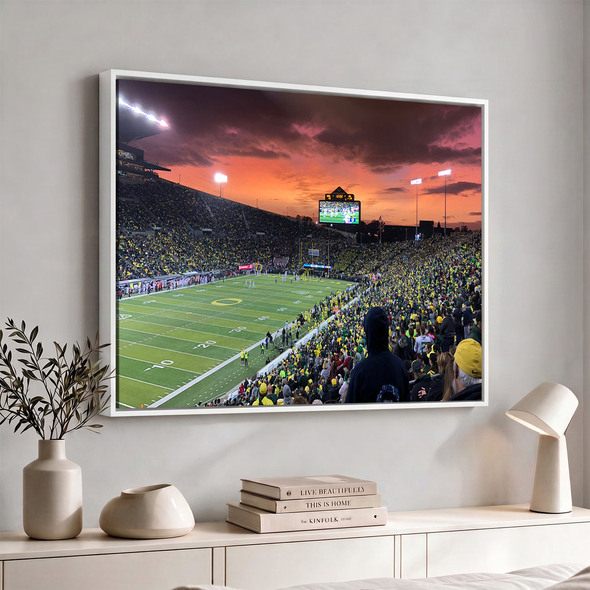 75065-PAN-FL-20X10 - Eugene Autzen Stadium Canvas Wall Art Print – Sunset Over Iconic Football Field Wall Decor for Home