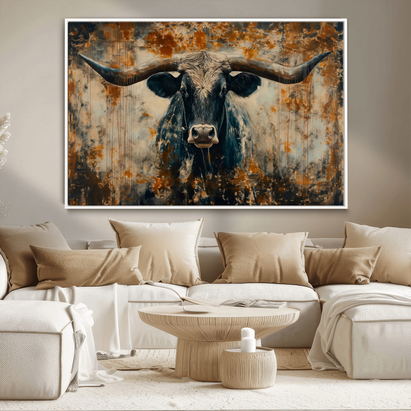 -Longhorn Wall Art – Rustic Western Bull Canvas Print, Modern Farmhouse Animal Decor for Living Room, Office, or Ranch House